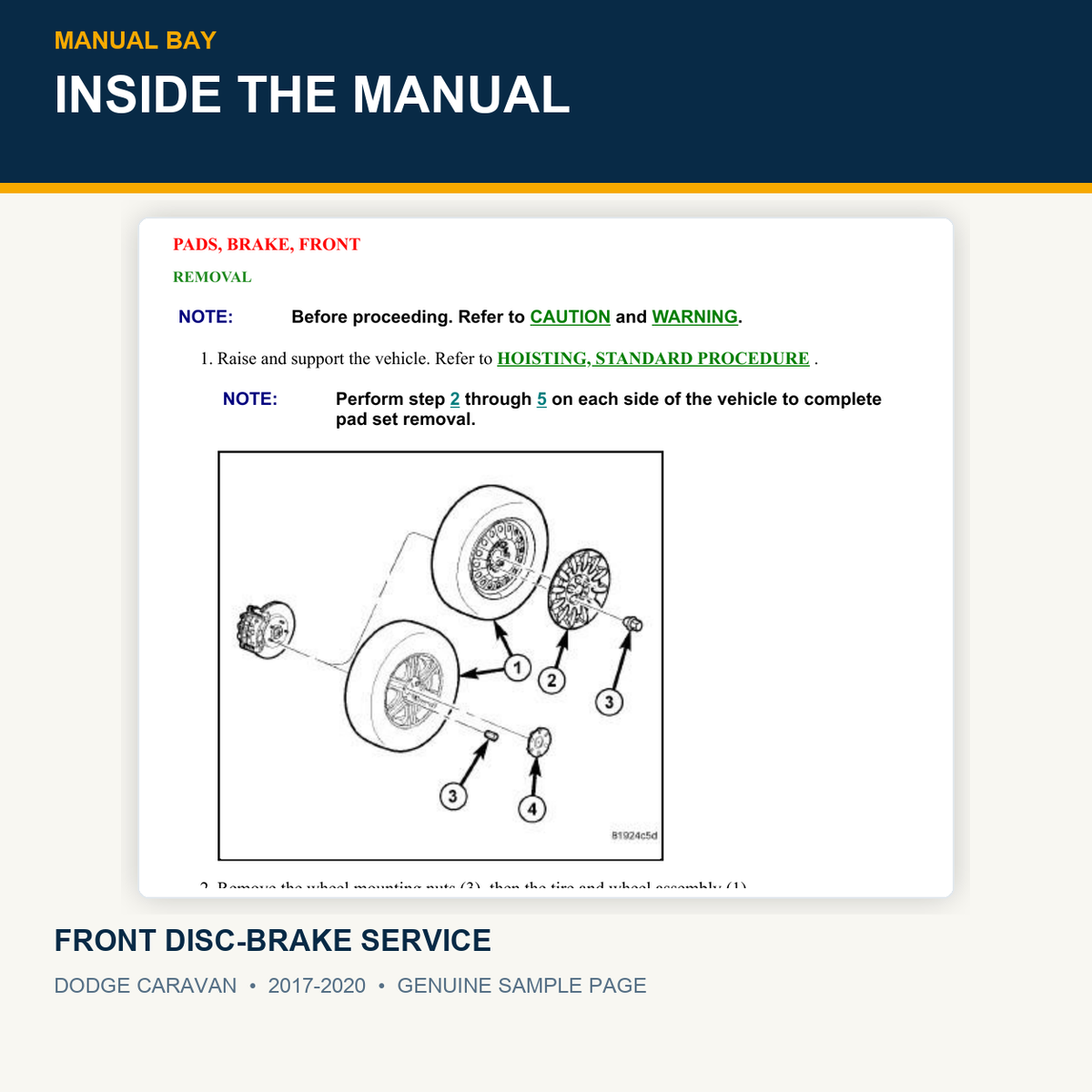 Genuine Dodge Caravan 2017-2020 front disc brake service manual sample page