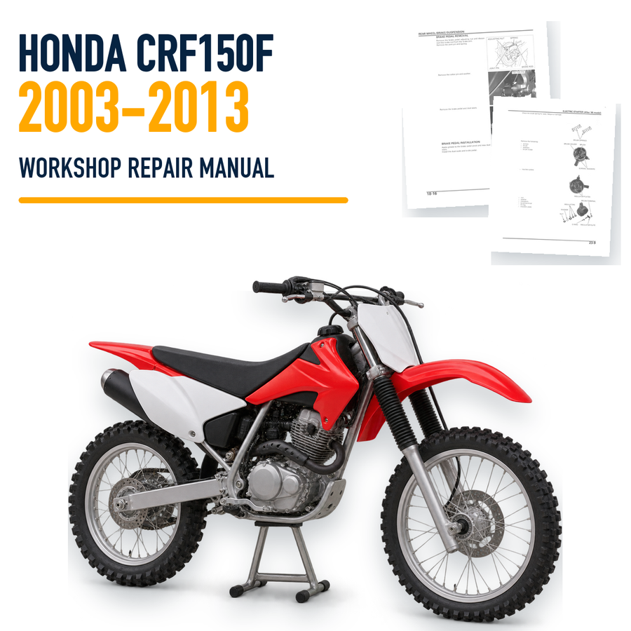 Honda CRF150F 2003-2013 workshop repair manual with representative dirt bike and source pages