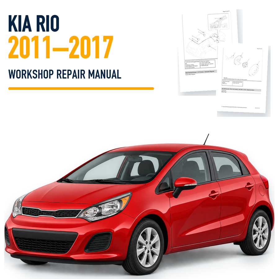 Kia Rio 2011-2017 workshop manual with representative hatchback and genuine sample pages